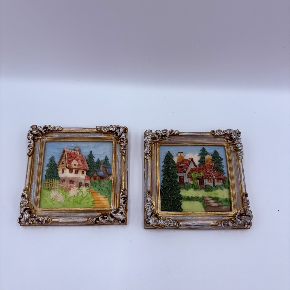 Vintage CottageCore 3-D Resin Mini Framed‎ Pictures Set Of 2 Farm Scenes 4"x4"